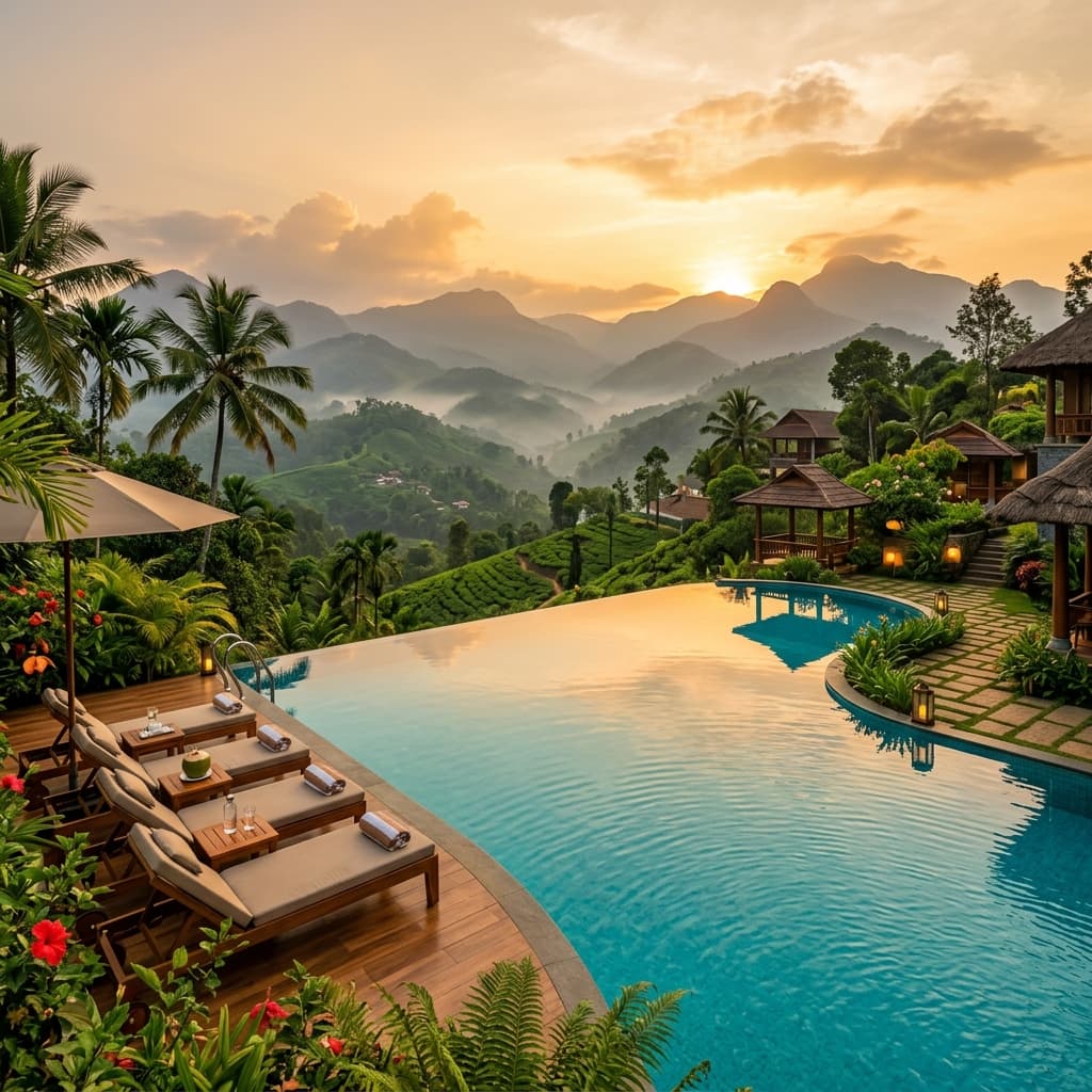 Luxury Kerala resort with infinity pool overlooking misty mountains